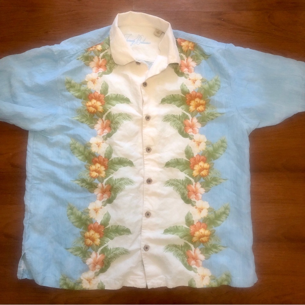 Tommy Bahama Hawaiian Camp ￼Shirt Mens XL Hibiscus Silk Linen Blend ￼￼Button Up